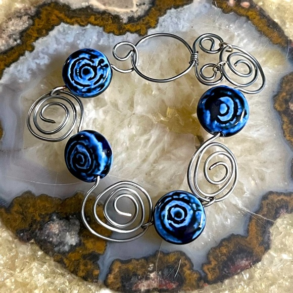 Sterling Silver Blue Beaded Wire Wrapped Handmade Bracelet - Picture 1 of 1